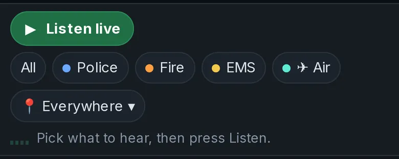 The Listen live button with the All, Police, Fire, EMS and Air choices