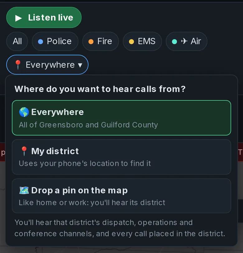 The menu for choosing Everywhere, My district, or Drop a pin on the map